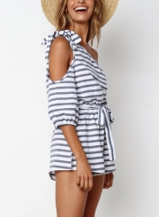 Striped One Shoulder Half Sleeve Wide Leg Romper With Belt