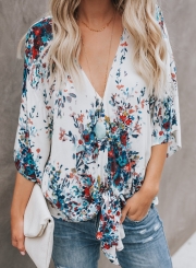 Chiffon Floral Print V Neck Half Bow Tie Loose Blouse