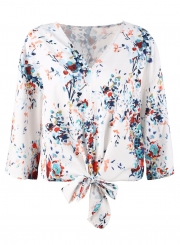 Chiffon Floral Print V Neck Half Bow Tie Loose Blouse