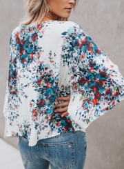 Chiffon Floral Print V Neck Half Bow Tie Loose Blouse