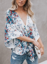 Chiffon Floral Print V Neck Half Bow Tie Loose Blouse