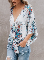 Chiffon Floral Print V Neck Half Bow Tie Loose Blouse