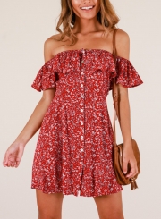 Summer Floral Off Shoulder Ruffle Sleeve Button Down Loose Mini Dress