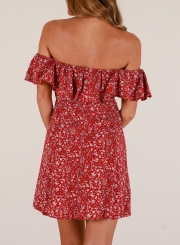 Summer Floral Off Shoulder Ruffle Sleeve Button Down Loose Mini Dress