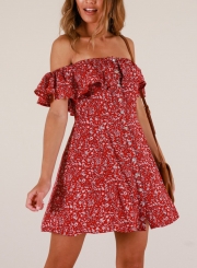 Summer Floral Off Shoulder Ruffle Sleeve Button Down Loose Mini Dress