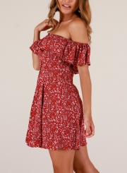 Summer Floral Off Shoulder Ruffle Sleeve Button Down Loose Mini Dress