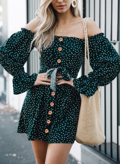 Off Shoulder Long Sleeve Polka Dot Bow Button Down Mini Dress LEXELFASHIONINTSHOPS.com