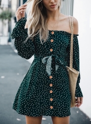 Off Shoulder Long Sleeve Polka Dot Bow Button Down Mini Dress