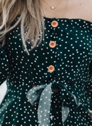 Off Shoulder Long Sleeve Polka Dot Bow Button Down Mini Dress