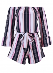 Striped Off The Shoulder Flare Sleeve Waist Tie Wide Leg Romper