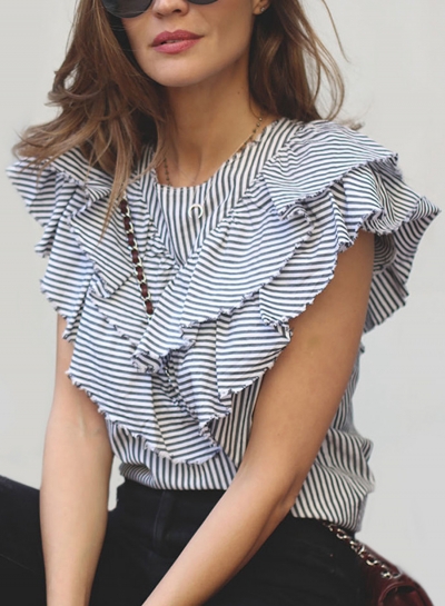 Casual Striped Sleeveless Round Neck Ruffle Pullover Blouse LEXELFASHIONINTSHOPS.com