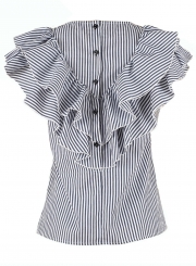 Casual Striped Sleeveless Round Neck Ruffle Pullover Blouse