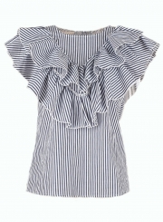 Casual Striped Sleeveless Round Neck Ruffle Pullover Blouse