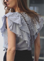 Casual Striped Sleeveless Round Neck Ruffle Pullover Blouse