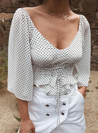 V Neck 3/4 Sleeve Polka Dot Lace-Up Slim Blouse