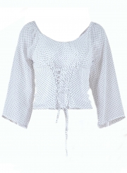 V Neck 3/4 Sleeve Polka Dot Lace-Up Slim Blouse