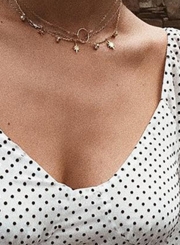 V Neck 3/4 Sleeve Polka Dot Lace-Up Slim Blouse