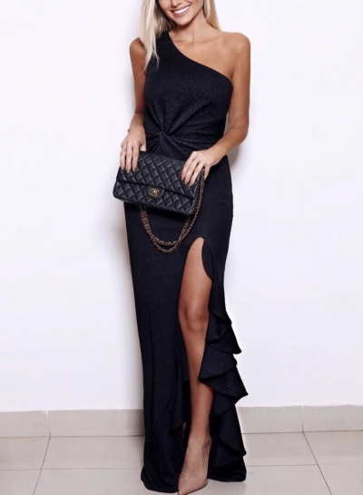 Black One Shoulder Elegant Evening Dress LZDINTECOMMERCE.com