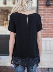 Round Neck Short Sleeve Lace Hem Loose Solid Color Tee