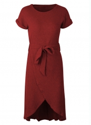 Irregular Round Neck Short Sleeve Waist Tie Solid Color Dress