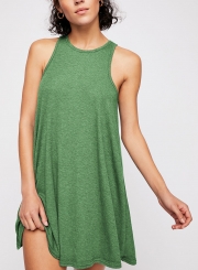 Summer Concise Loose Solid Sleeveless Round Neck A-line Mini Dress