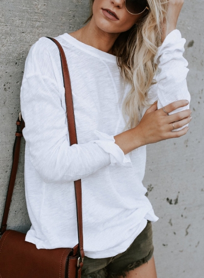 Casual Round Neck Long Sleeve Loose Solid Color Tee
