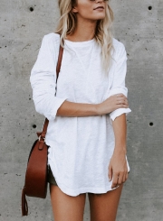 Casual Round Neck Long Sleeve Loose Solid Color Tee