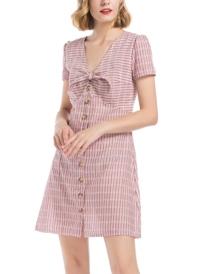 Striped V Neck Short Sleeve Button Down A-line Mini Dress