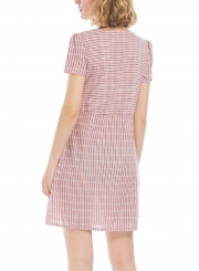 Striped V Neck Short Sleeve Button Down A-line Mini Dress