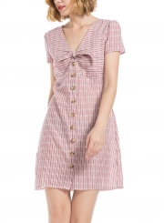 Striped V Neck Short Sleeve Button Down A-line Mini Dress