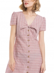 Striped V Neck Short Sleeve Button Down A-line Mini Dress