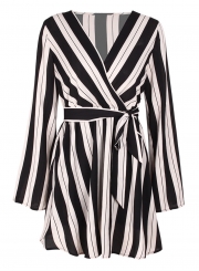 Sexy Striped Wrap V Neck Long Sleeve High Waist Dress With Belt