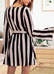 Sexy Striped Wrap V Neck Long Sleeve High Waist Dress With Belt