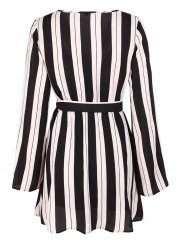 Sexy Striped Wrap V Neck Long Sleeve High Waist Dress With Belt