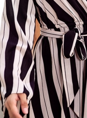 Sexy Striped Wrap V Neck Long Sleeve High Waist Dress With Belt