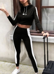 Casual 2 Piece Sportswear Color Block Crop Top High Waist Pants