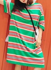 Striped Half Sleeve Round Neck Plus Size Loose Dress