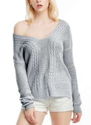 Womne's V Neck Long Sleeve Loose Solid Color Pullover Sweater