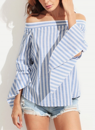 Striped Off The Shoulder Flare Sleeve Loose Irregular Blouse LEXELFASHIONINTSHOPS.com