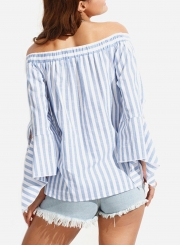 Striped Off The Shoulder Flare Sleeve Loose Irregular Blouse