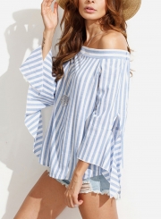 Striped Off The Shoulder Flare Sleeve Loose Irregular Blouse