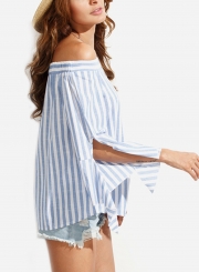 Striped Off The Shoulder Flare Sleeve Loose Irregular Blouse