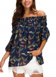 Summer Leaf Print Off Shoulder 3/4 Sleeve Loose Chiffon Blouse