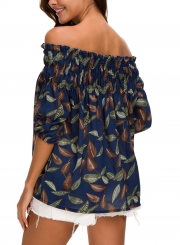 Summer Leaf Print Off Shoulder 3/4 Sleeve Loose Chiffon Blouse