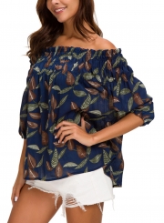 Summer Leaf Print Off Shoulder 3/4 Sleeve Loose Chiffon Blouse