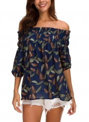 Summer Leaf Print Off Shoulder 3/4 Sleeve Loose Chiffon Blouse