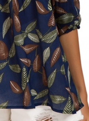 Summer Leaf Print Off Shoulder 3/4 Sleeve Loose Chiffon Blouse