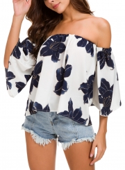 Summer Floral Print Off Shoulder Flare Sleeve Loose Pullover Blouse