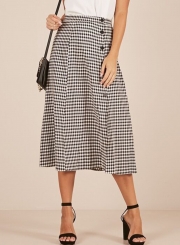 High Waist Side Button Down Slit Plaid Long Skirt