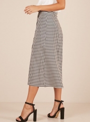 High Waist Side Button Down Slit Plaid Long Skirt